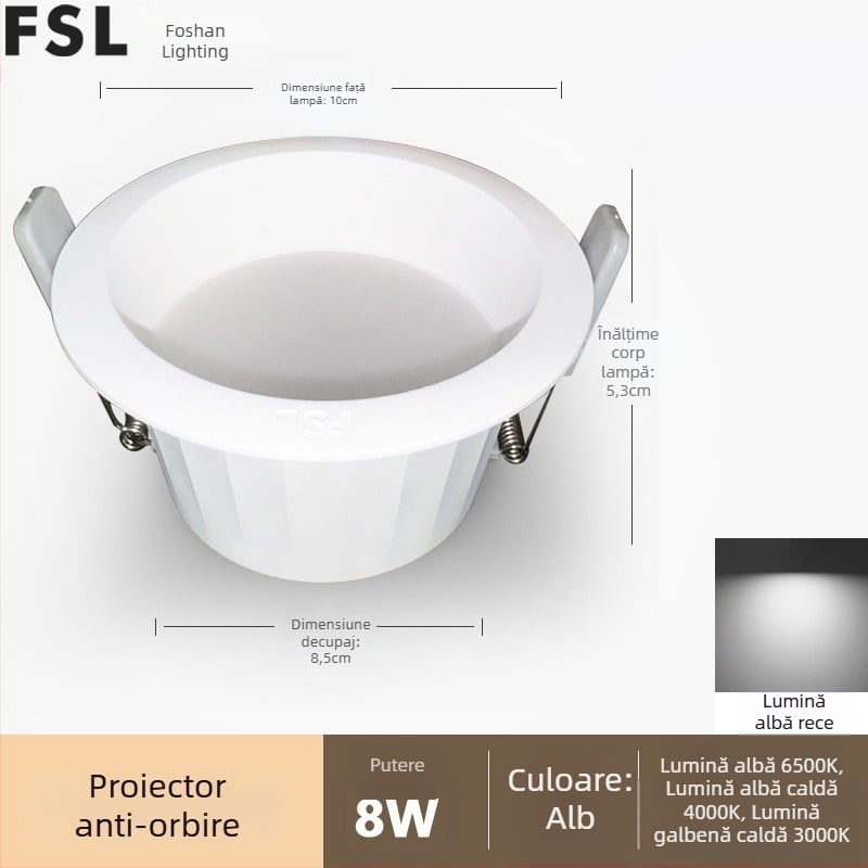 Downlight LED încastrat, anti-reflexie, cu ramă subțire și cupă adâncă, pentru living și hol, corp de plafon fără sursă centrală