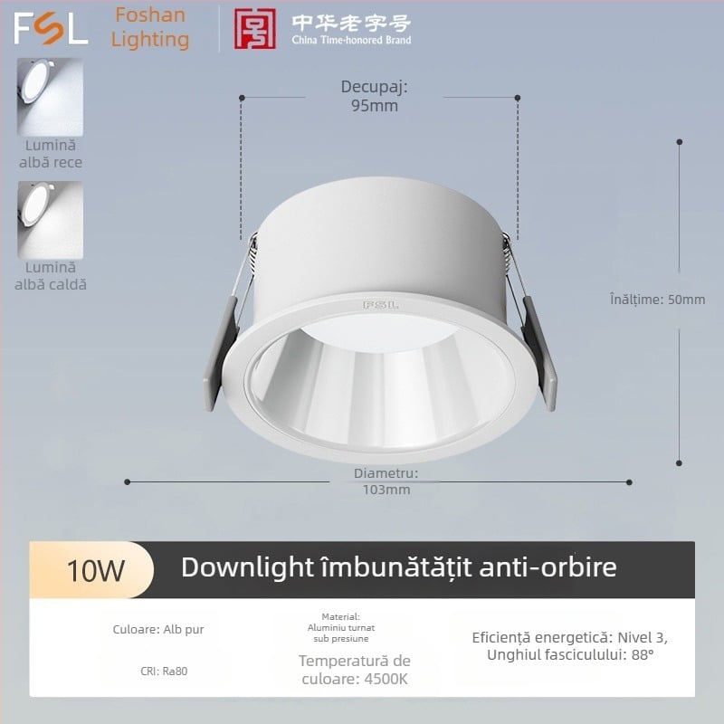 Downlight LED încastrat, anti-reflexie, cu ramă subțire și cupă adâncă, pentru living și hol, corp de plafon fără sursă centrală