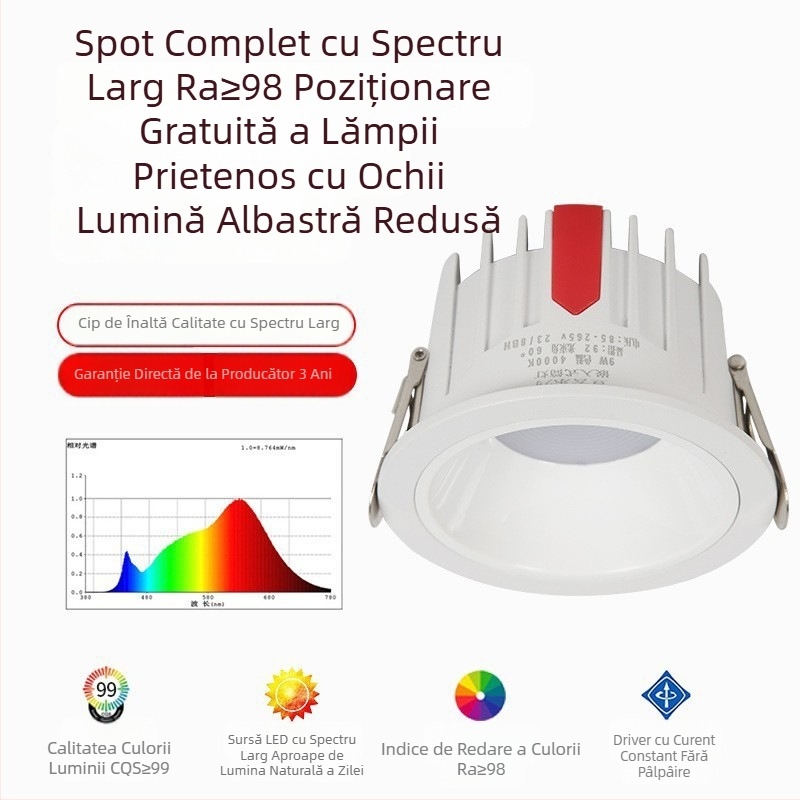 Downlight LED încastrat pentru living, anti-strălucire, fără pâlpâire, corp de iluminat pentru plafon, iluminat tip wall-wash, iluminare auxiliară