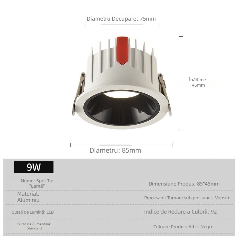 Downlight LED încastrat pentru living, anti-strălucire, fără pâlpâire, corp de iluminat pentru plafon, iluminat tip wall-wash, iluminare auxiliară