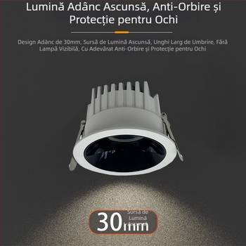 Downlight profund încastrat în tavan, controlat prin aplicație, LED 6–10W, 6500K alb rece, carcasă din aluminiu, montaj ascuns, CRI ridicat
