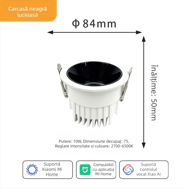 Downlight profund încastrat în tavan, controlat prin aplicație, LED 6–10W, 6500K alb rece, carcasă din aluminiu, montaj ascuns, CRI ridicat
