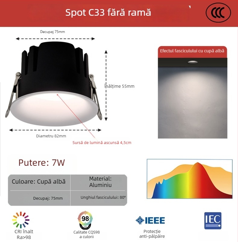 Downlight LED încastrat, arc curbat, fără ramă, anti-strălucire, pentru living și hol