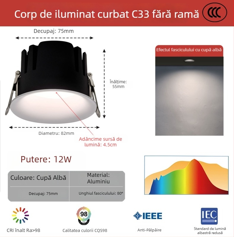 Downlight LED încastrat, arc curbat, fără ramă, anti-strălucire, pentru living și hol