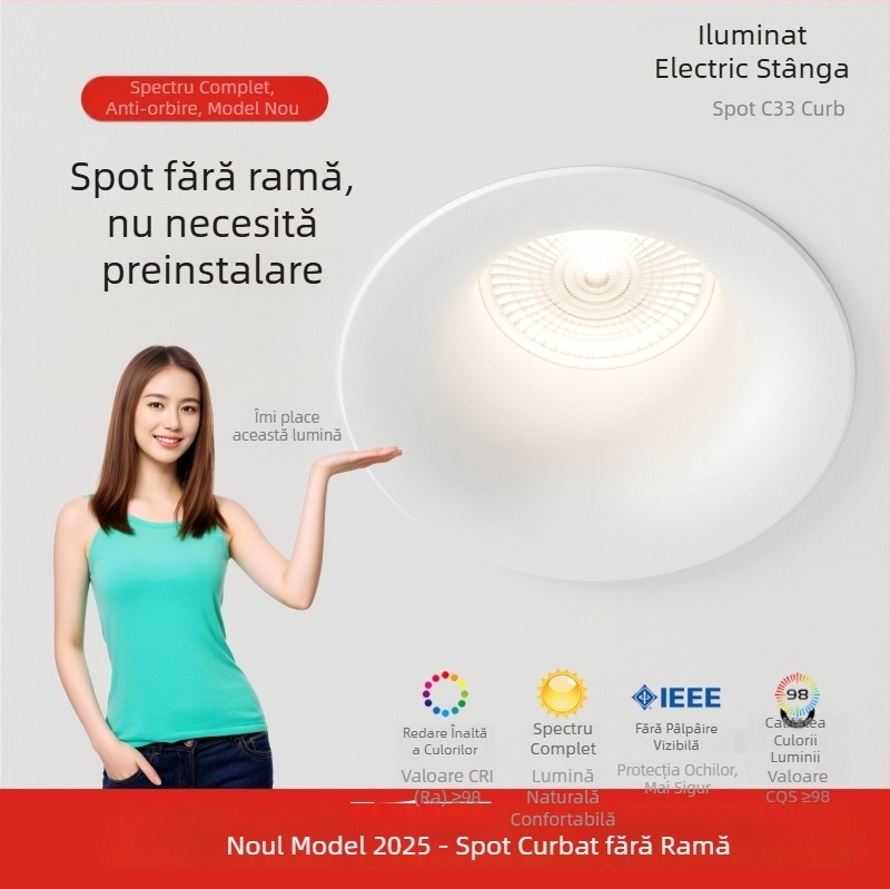 Downlight LED încastrat, arc curbat, fără ramă, anti-strălucire, pentru living și hol
