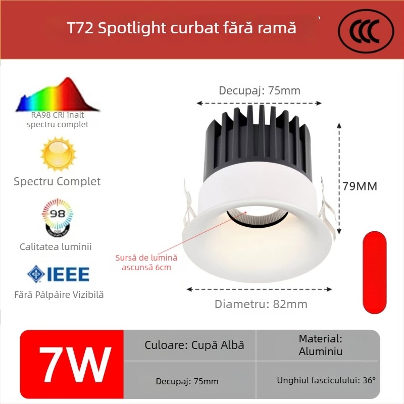 Downlight LED încastrat, arc curbat, fără ramă, anti-strălucire, pentru living și hol