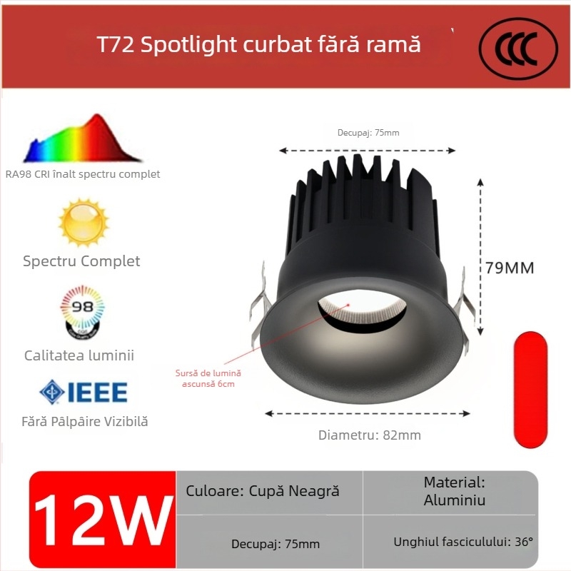 Downlight LED încastrat, arc curbat, fără ramă, anti-strălucire, pentru living și hol