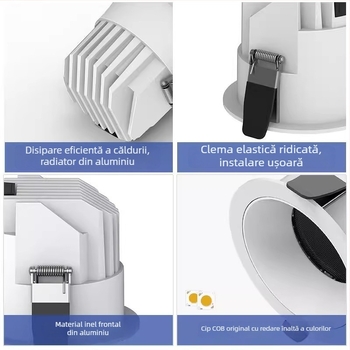 LED downlight anti-glare, ramă îngustă de 98 mm, pentru holuri și bucătării, iluminare încastrată în tavan, cupă adâncă, fără lumină principală
