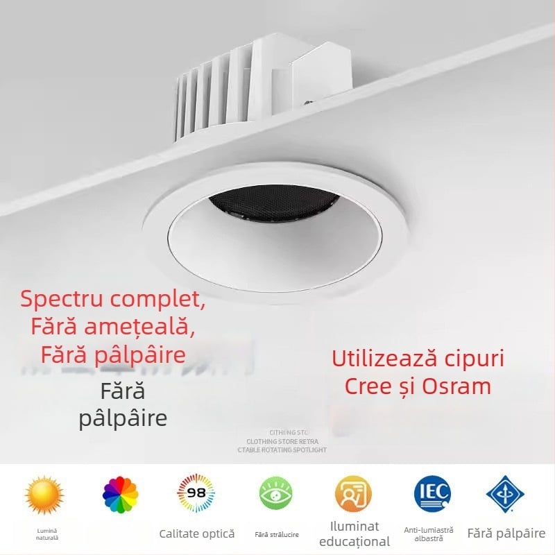 LED downlight anti-glare, ramă îngustă de 98 mm, pentru holuri și bucătării, iluminare încastrată în tavan, cupă adâncă, fără lumină principală