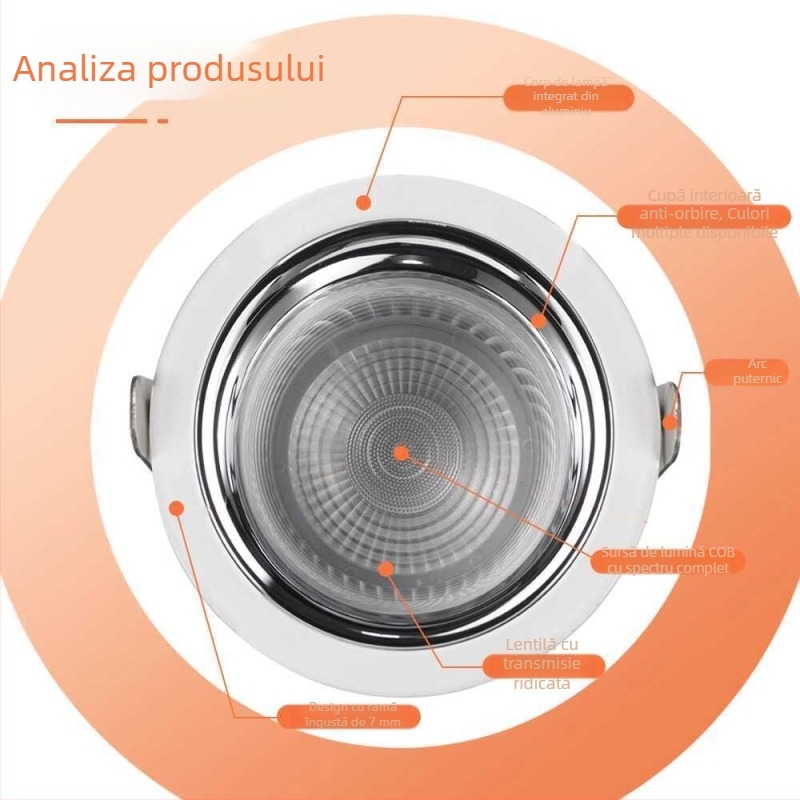 LED downlight anti-glare, ramă îngustă de 98 mm, pentru holuri și bucătării, iluminare încastrată în tavan, cupă adâncă, fără lumină principală