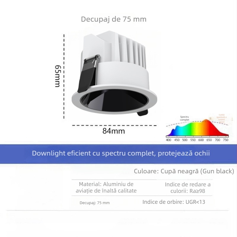 LED downlight anti-glare, ramă îngustă de 98 mm, pentru holuri și bucătării, iluminare încastrată în tavan, cupă adâncă, fără lumină principală