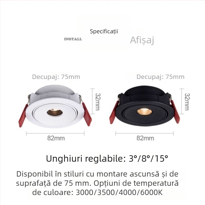 Proiector LED încorporat ultra-subțire 3W, cu unghiuri de fascicul reglabile 3°/8°/15°, pentru camera de ceai, masă de luat masa și muzeu