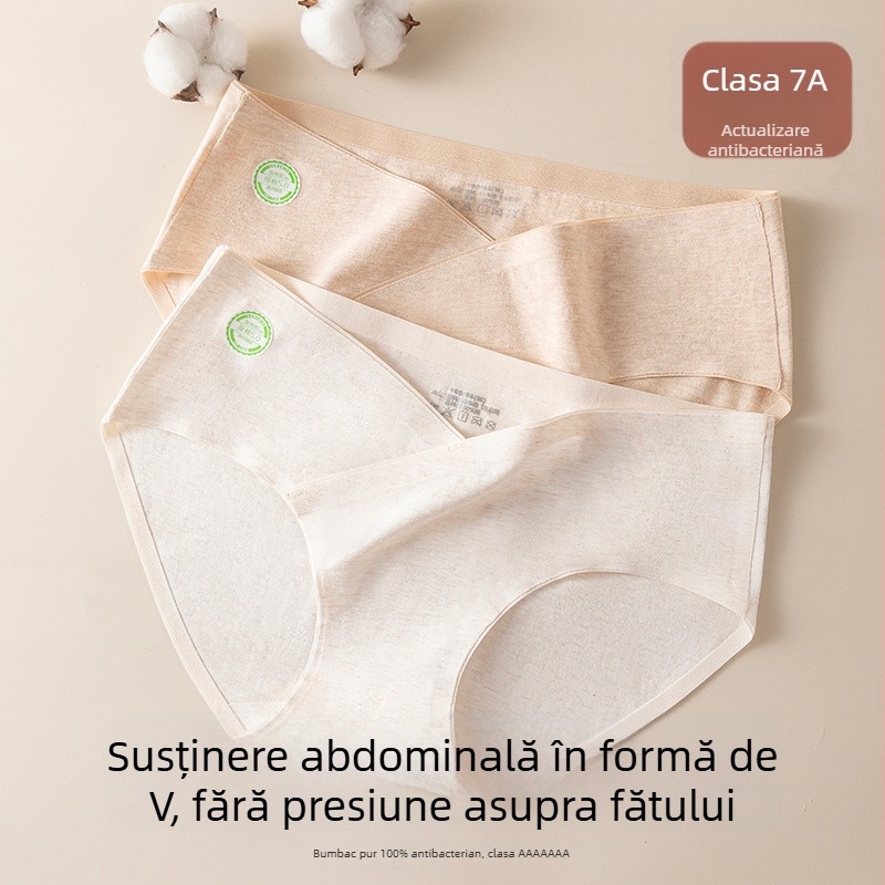 Chiloți de maternitate pentru sarcină timpurie, mijlocie și târzie, din bumbac antibacterian, talie joasă, formă în V, mărime mare