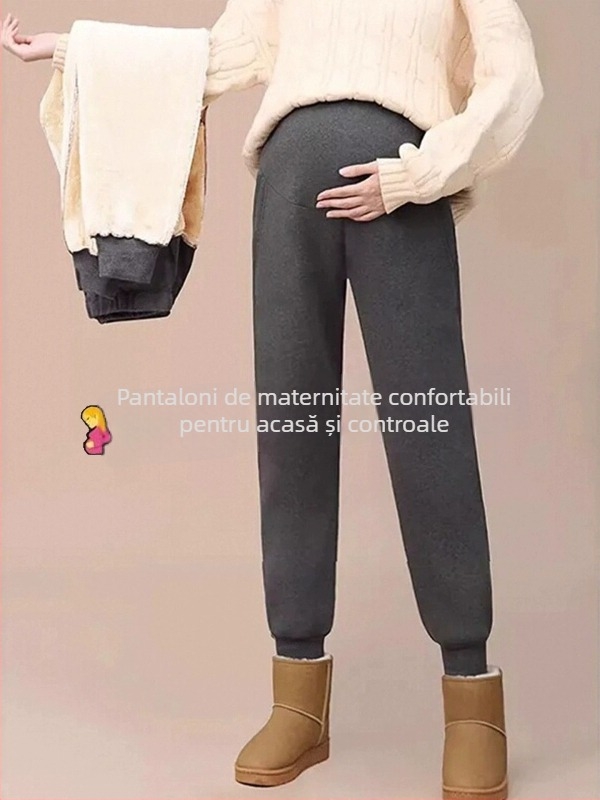 Pantaloni de maternitate pentru toamnă și iarnă, căptușiți cu fleece, groși, calzi, mărime plus, sprijin pentru burtă, casual