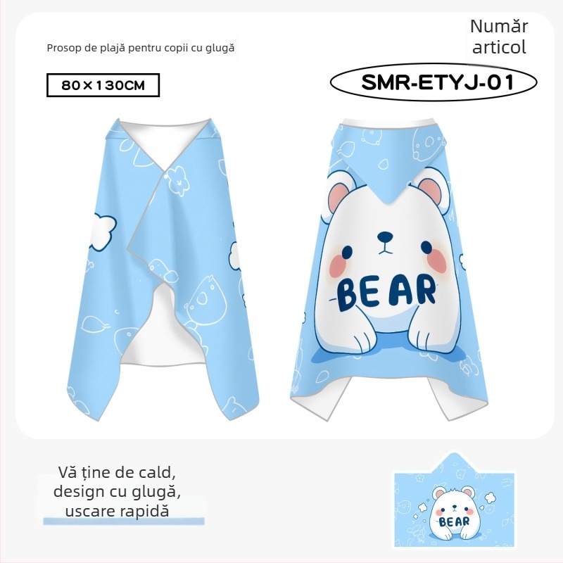 Prosop de baie cu glugă, pentru copii, uscare rapidă, fleece pe ambele fețe, halat de baie purtabil pentru copii mai mari