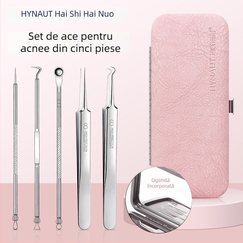 Instrument pentru acnee din oțel inoxidabil, set de 5 piese, actualizat, extractor precis de comedoni pentru puncte negre