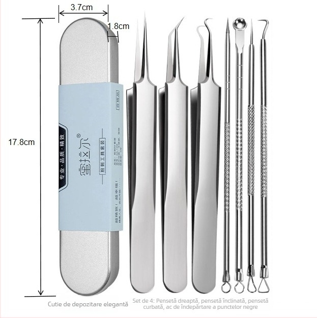 Set cu ace pentru acnee, unelte de extragere a punctelor negre, pensete pentru comedoane, set de 7 piese