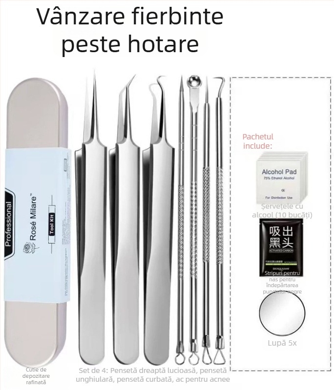 Set cu ace pentru acnee, unelte de extragere a punctelor negre, pensete pentru comedoane, set de 7 piese