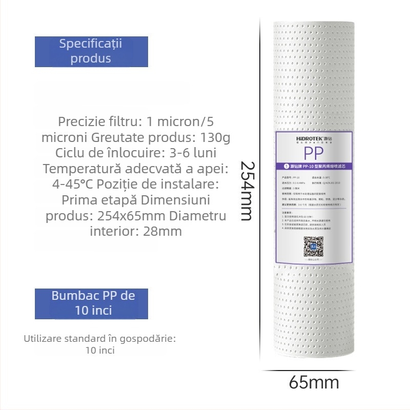 Filtru cu cinci etape pentru purificator de apă: bumbac PP, cărbune granular, cărbune comprimat și membrană RO, filtru universal de 10 inch