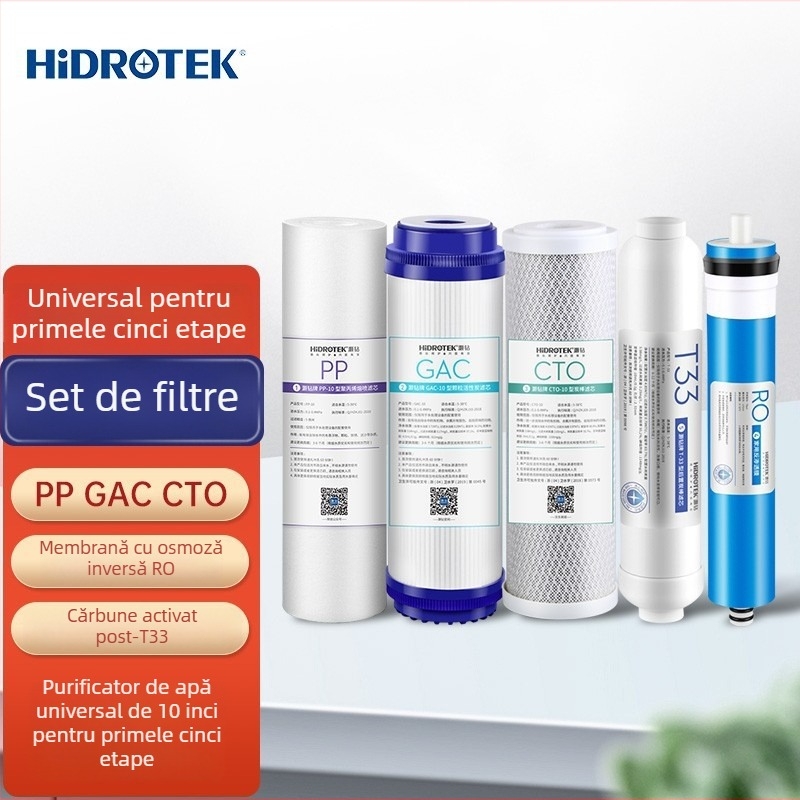 Filtru cu cinci etape pentru purificator de apă: bumbac PP, cărbune granular, cărbune comprimat și membrană RO, filtru universal de 10 inch