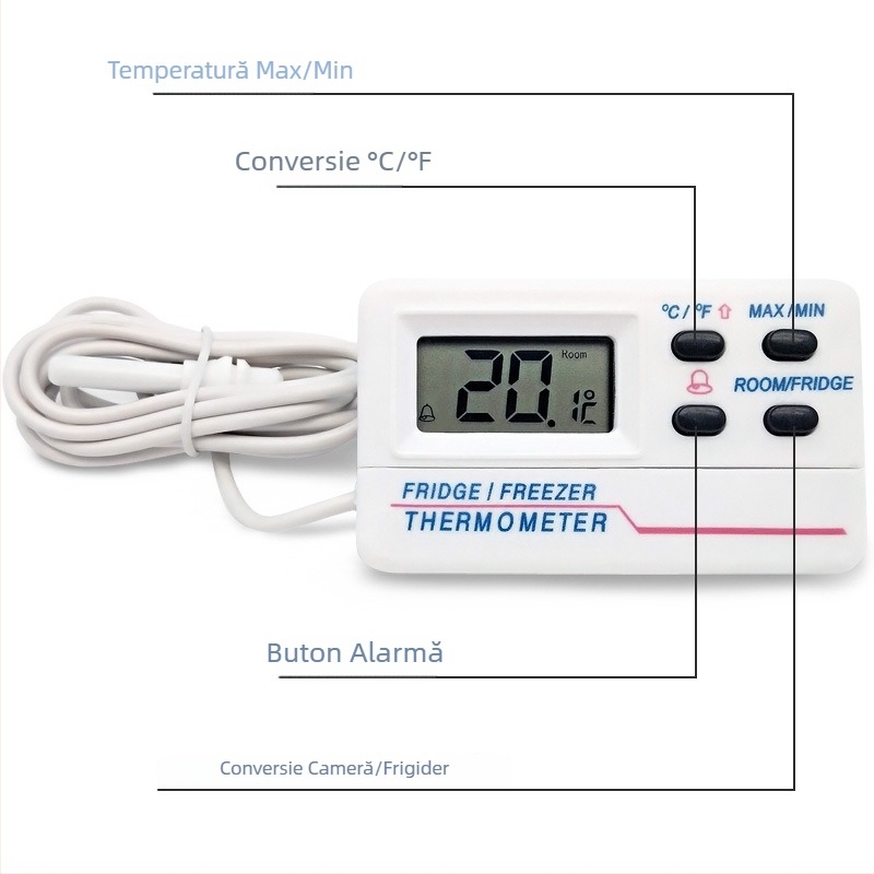 Termometru digital Kaitai pentru frigider și congelator, cu afișaj dual și alarmă de temperatură internă și externă