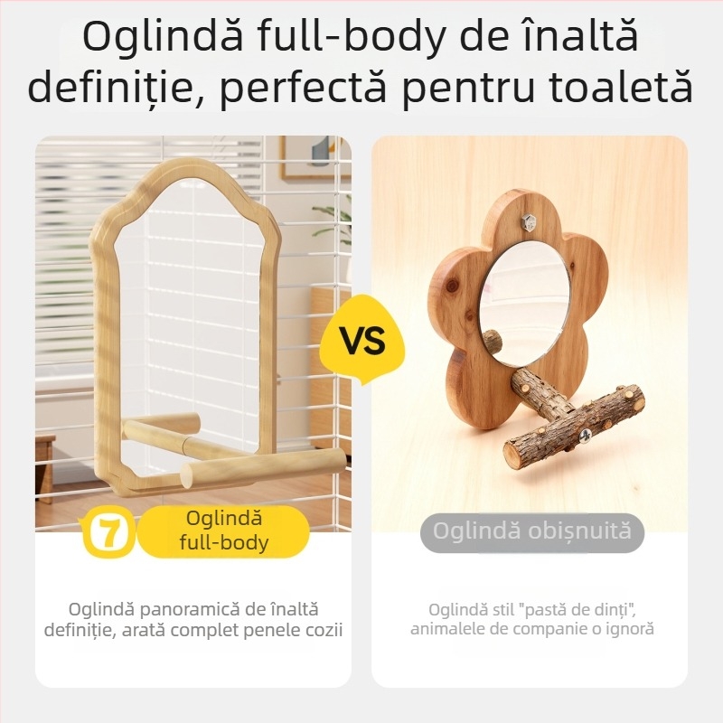 Oglindă pentru papagal – jucărie pentru păsări cu suport din lemn, pentru cușcă atârnată, oglindă cu model bujor-tigru, platformă mică
