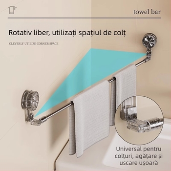 Suport de prosoape cu ventuză pentru baie, fără găuri, bară telescopică pentru prosoape și poliță de depozitare