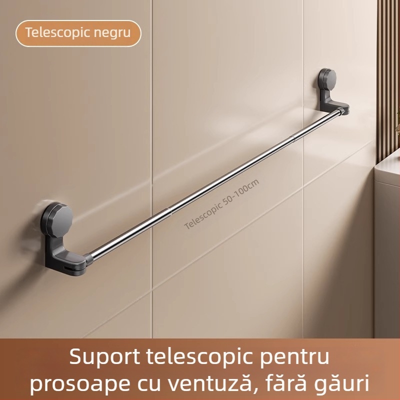 Suport de prosoape cu ventuză pentru baie, fără găuri, bară telescopică pentru prosoape și poliță de depozitare
