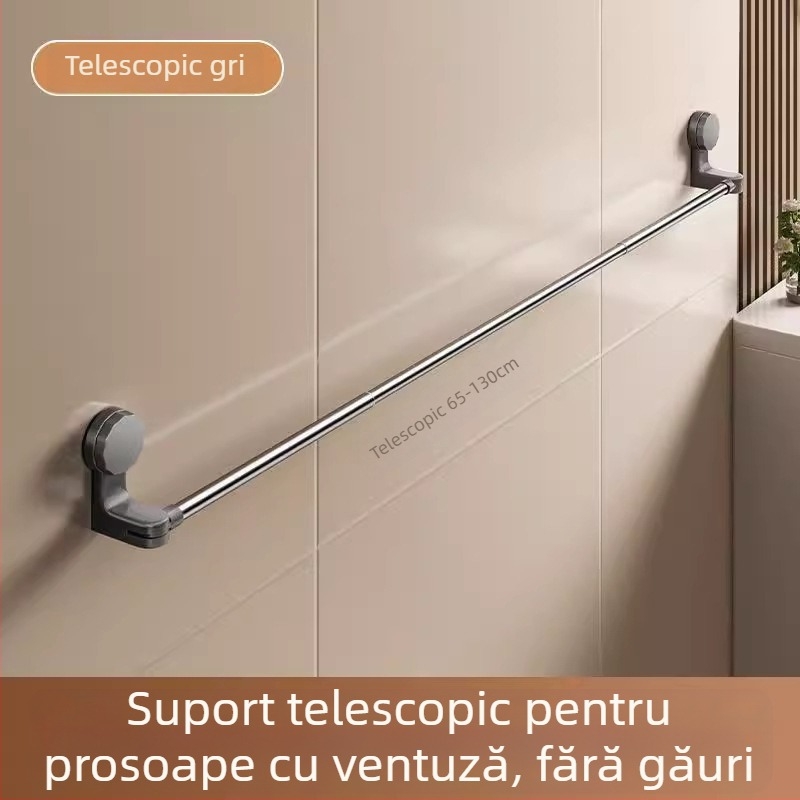 Suport de prosoape cu ventuză pentru baie, fără găuri, bară telescopică pentru prosoape și poliță de depozitare