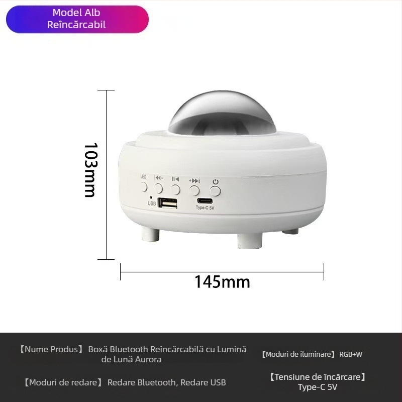 Lampă Lună cu Proiector Stelat, Difuzor USB Bluetooth, Iluminare LED de Atmosferă pentru Birou