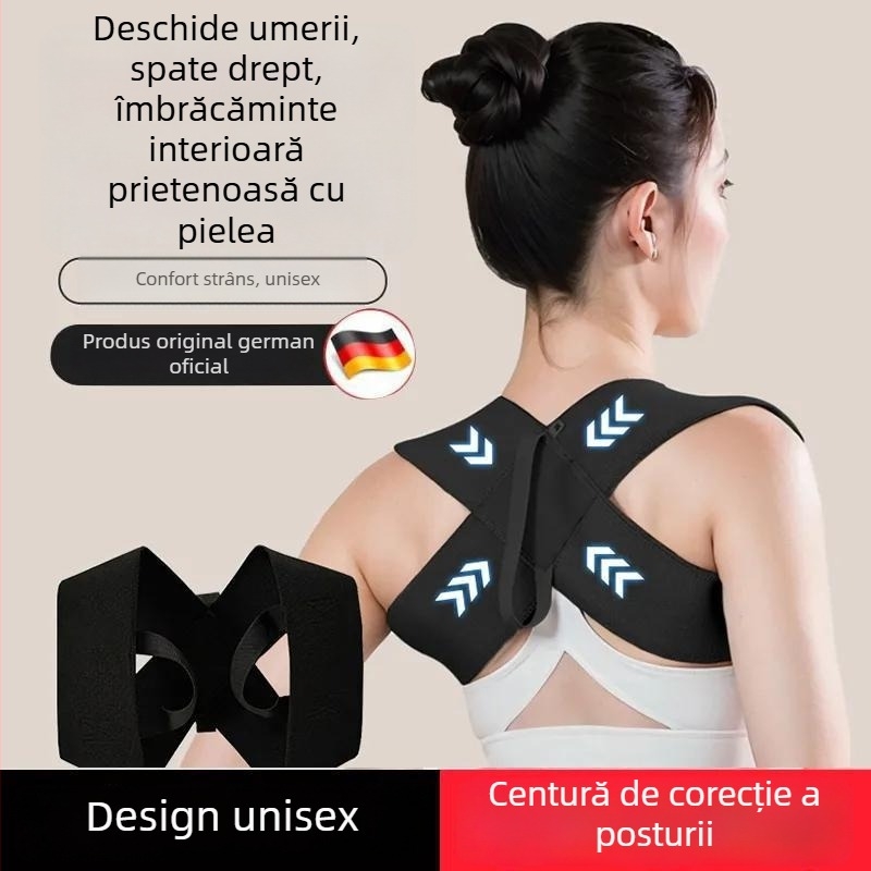 Centură respirabilă pentru corecția posturii, pentru deschiderea umerilor și menținerea coloanei vertebrale drepte; împotriva aplecării și cifozei; bandă de exerții în poziție culcată, unisex.