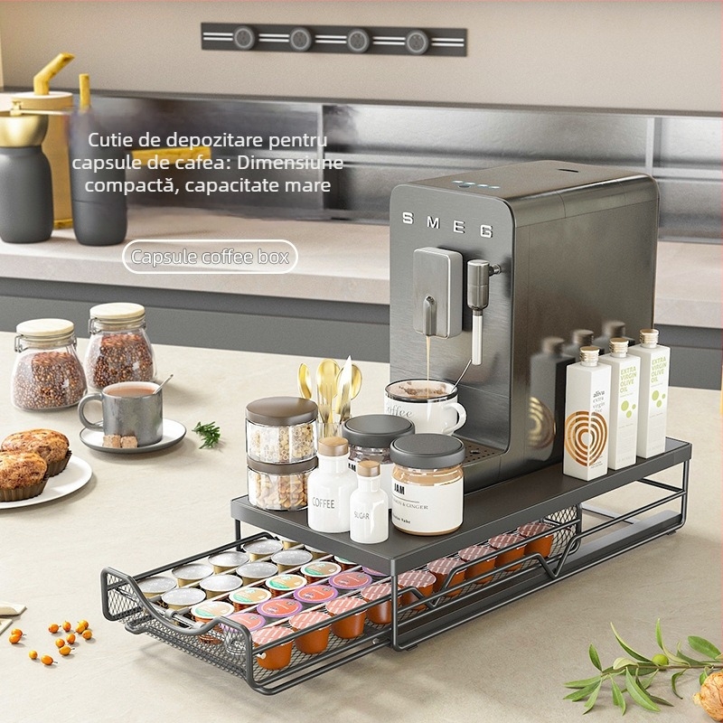 Raft de depozitare pentru 50 capsule de cafea, pe blatul bucătăriei, cu design reglabil de sertar și cadru îngroșat