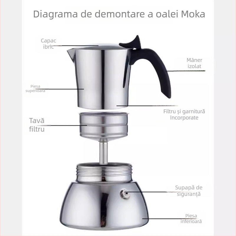 Moka pot din oțel inoxidabil 304, stil italian, espresso negru, fund gros