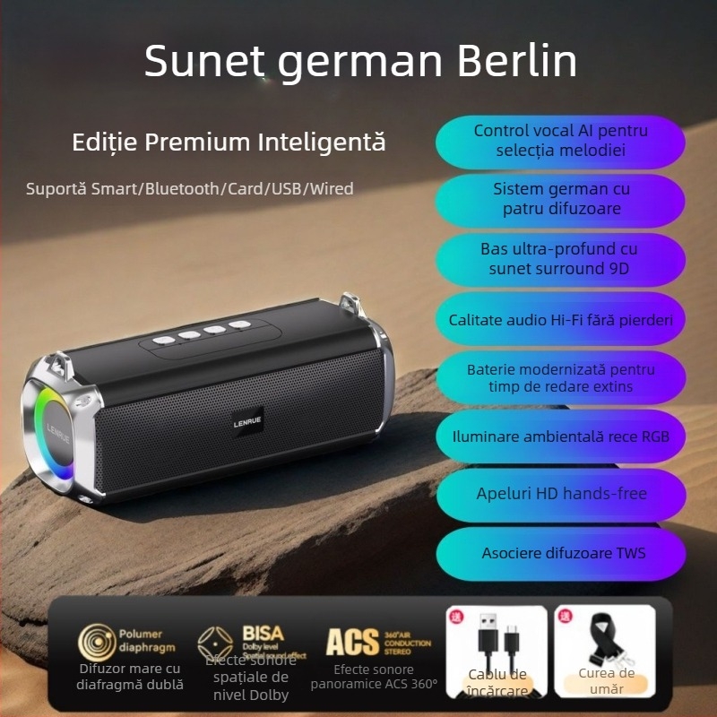 Boxă Bluetooth stereo cu difuzoare duale, bas profund, slot pentru card, portabilă cu autonomie îndelungată
