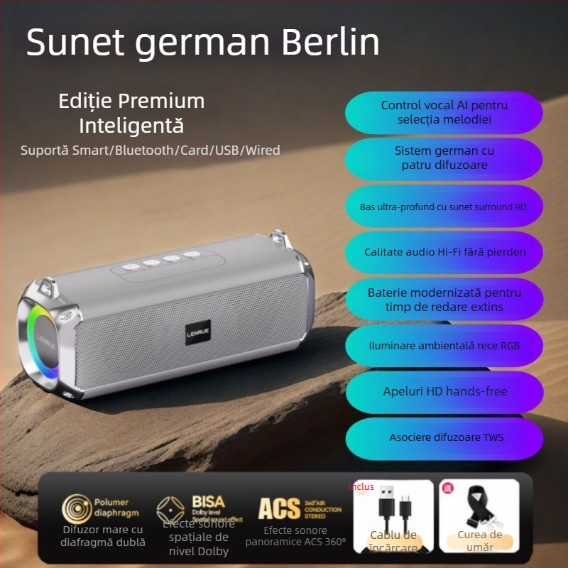 Boxă Bluetooth stereo cu difuzoare duale, bas profund, slot pentru card, portabilă cu autonomie îndelungată