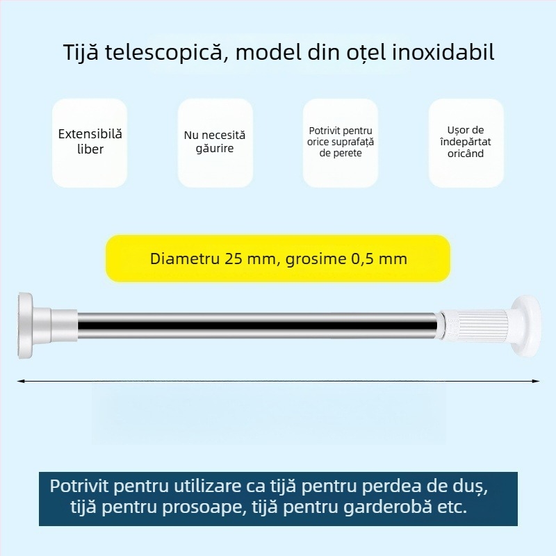 Bară telescopică pentru perdele din oțel inoxidabil, montaj fără găuri, bară de uscat haine, bară de susținere pentru garderobă, bară de despărțire a dormitorului
