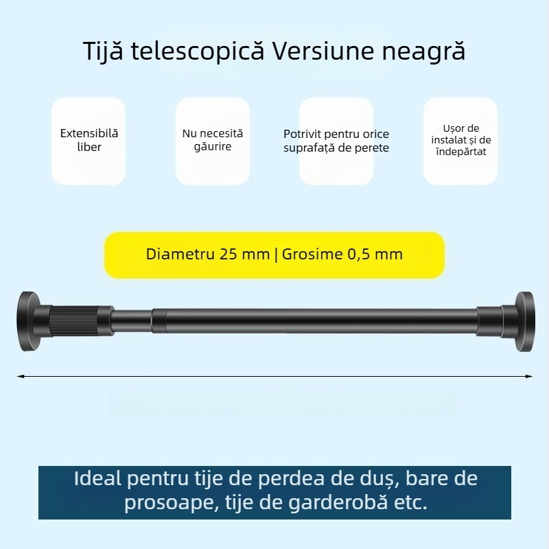 Bară telescopică pentru perdele din oțel inoxidabil, montaj fără găuri, bară de uscat haine, bară de susținere pentru garderobă, bară de despărțire a dormitorului