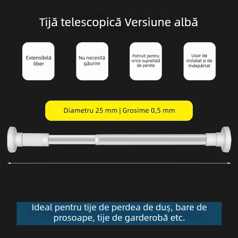 Bară telescopică pentru perdele din oțel inoxidabil, montaj fără găuri, bară de uscat haine, bară de susținere pentru garderobă, bară de despărțire a dormitorului
