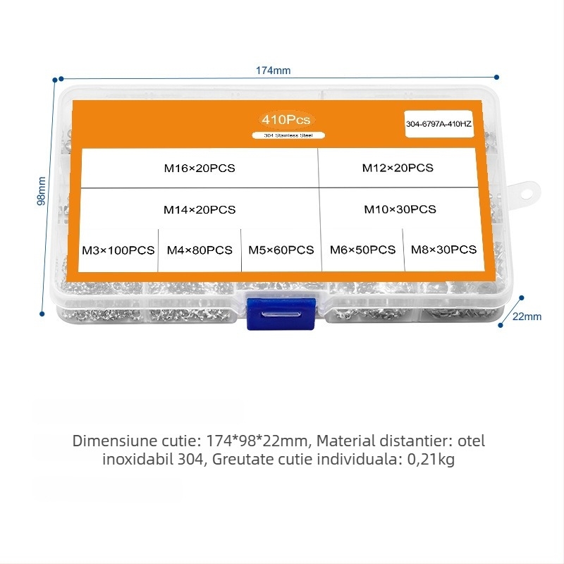Set de 410 șaibe din oțel inoxidabil 304, cu dinți exteriori, șaibe plate și șaibe de blocare, într-un set în cutie