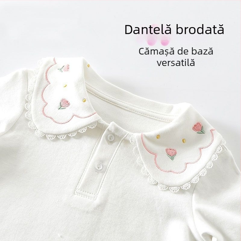 Tricou polo pentru copii, culoare solidă, alb din bumbac, mâneci lungi, pentru fete, mărimi medii și mari
