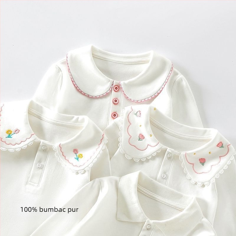 Tricou polo pentru copii, culoare solidă, alb din bumbac, mâneci lungi, pentru fete, mărimi medii și mari