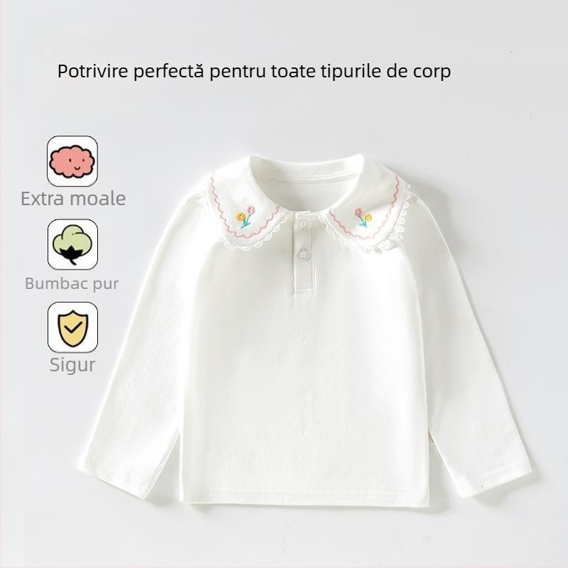 Tricou polo pentru copii, culoare solidă, alb din bumbac, mâneci lungi, pentru fete, mărimi medii și mari