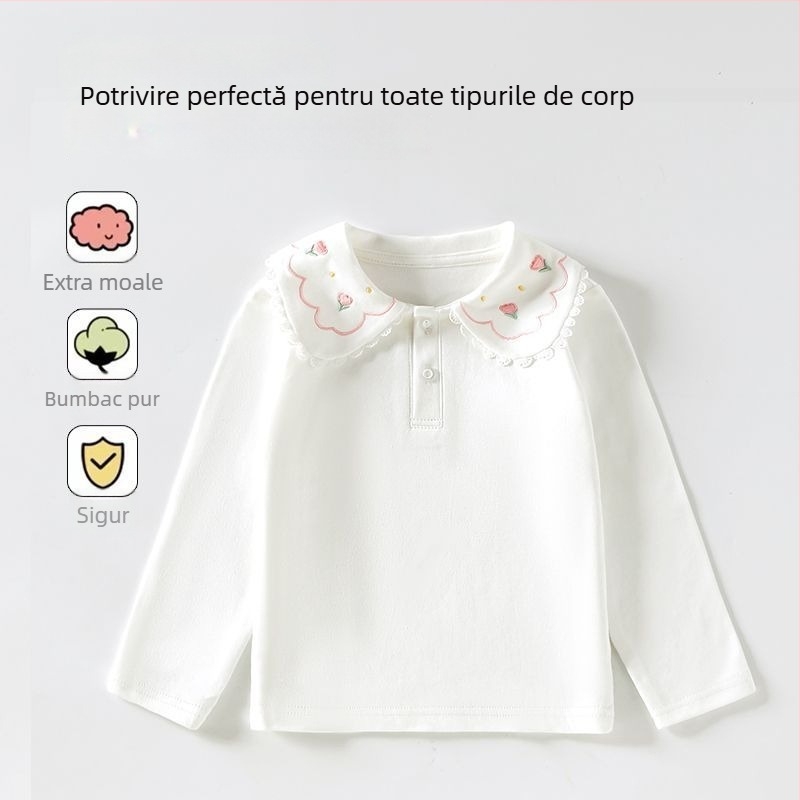 Tricou polo pentru copii, culoare solidă, alb din bumbac, mâneci lungi, pentru fete, mărimi medii și mari