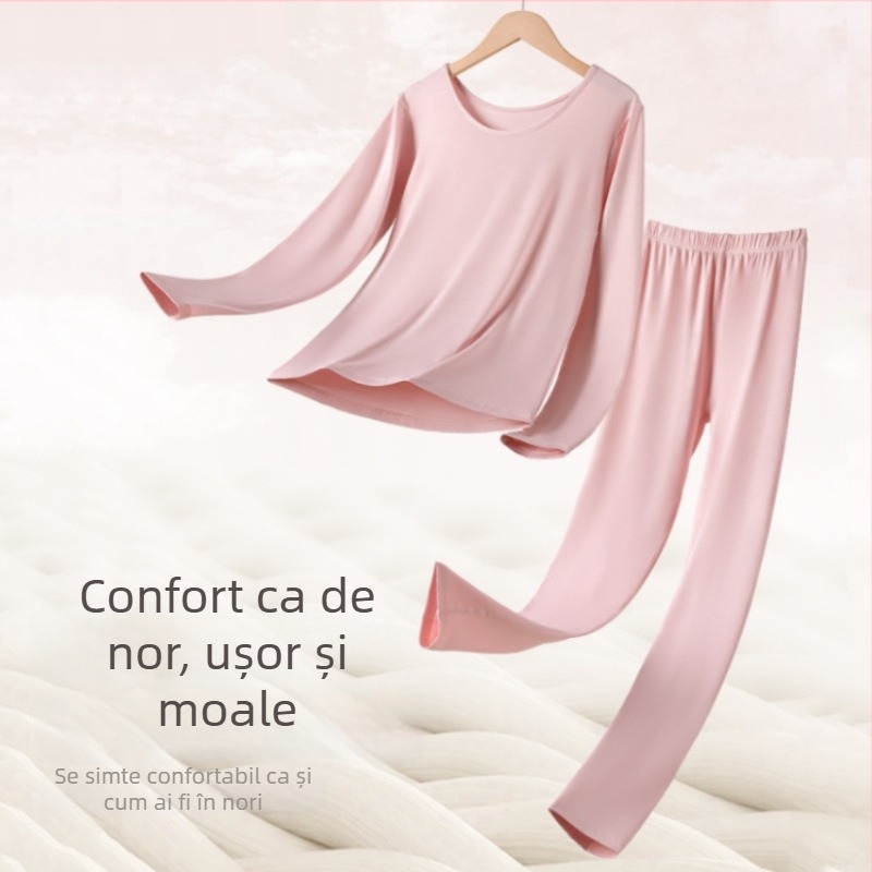 Set de lenjerie termică pentru femei, toamnă-iarnă – pulover cu guler rotund și pantaloni, croială Slim, strat de bază din viscoză pentru iarnă