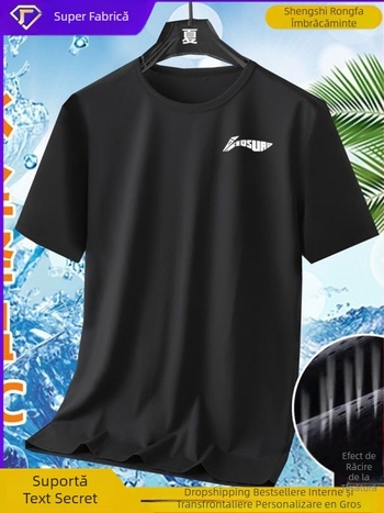 Tricou bărbătesc de vară din Ice Silk, uscare rapidă, mânecă scurtă, guler rotund, croială lejeră, respirant, cu imprimeu geometric, pentru alergare și purtare casual