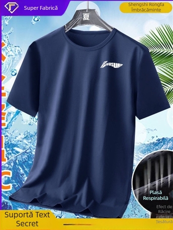 Tricou bărbătesc de vară din Ice Silk, uscare rapidă, mânecă scurtă, guler rotund, croială lejeră, respirant, cu imprimeu geometric, pentru alergare și purtare casual
