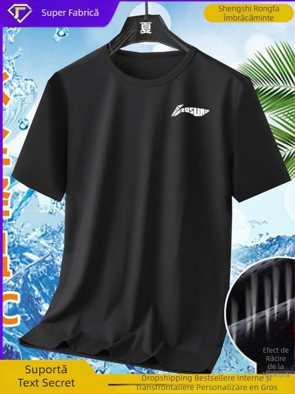 Tricou bărbătesc de vară din Ice Silk, uscare rapidă, mânecă scurtă, guler rotund, croială lejeră, respirant, cu imprimeu geometric, pentru alergare și purtare casual