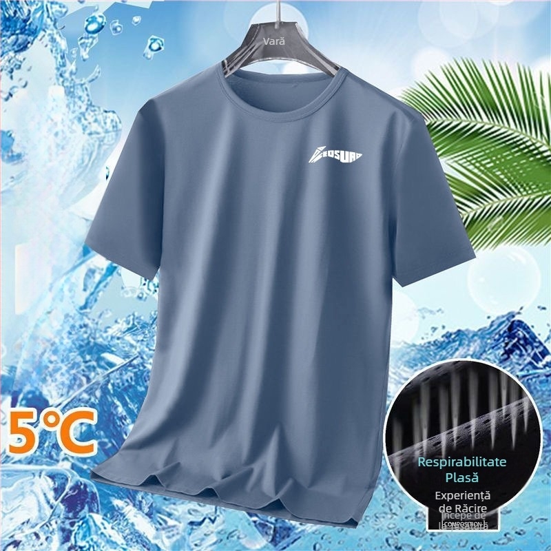 Tricou bărbătesc de vară din Ice Silk, uscare rapidă, mânecă scurtă, guler rotund, croială lejeră, respirant, cu imprimeu geometric, pentru alergare și purtare casual
