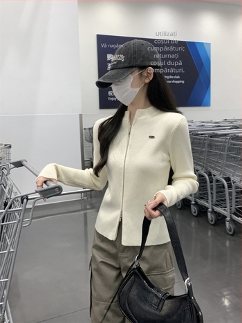 Cardigan tricotat slim cu fermoar, mâneci lungi, guler semi-turtleneck, culoare solidă, top de toamnă pentru femei
