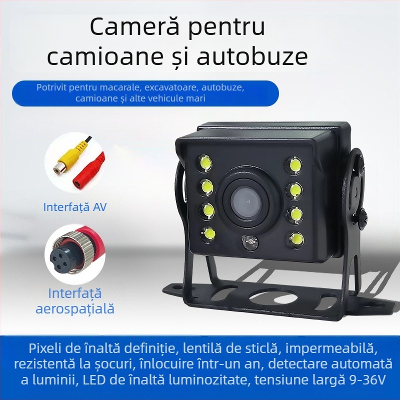 Cameră de recul HD pentru autobuze și camioane, 24V, reglabilă la 180°, rezoluție 1024x768